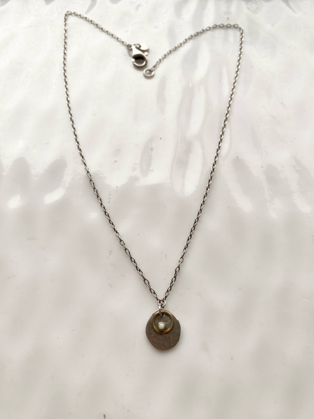 Silpada Sterling Silver Disc Necklace with Gold Halo and Pearl Accent 16”inches - Picture 4 of 5